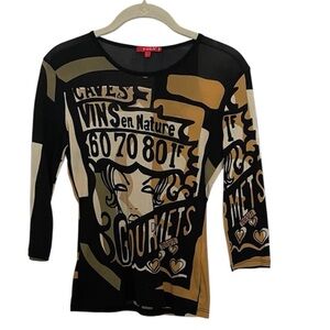 Vintage Noun Paris Graphic Print Y2K 3/4 Sleeve Top Black Tan made in France